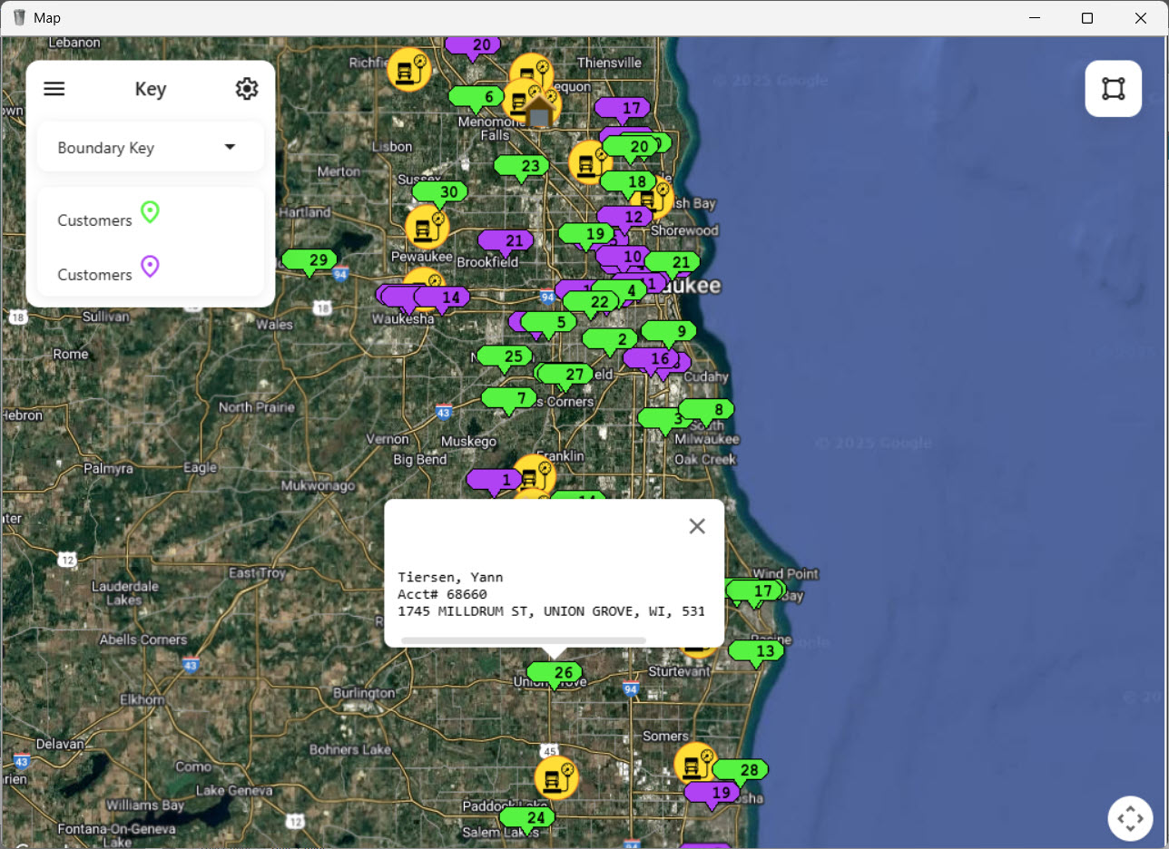 A street map of an American city showing two sets of colored pins. They represent customers from two different billing groups