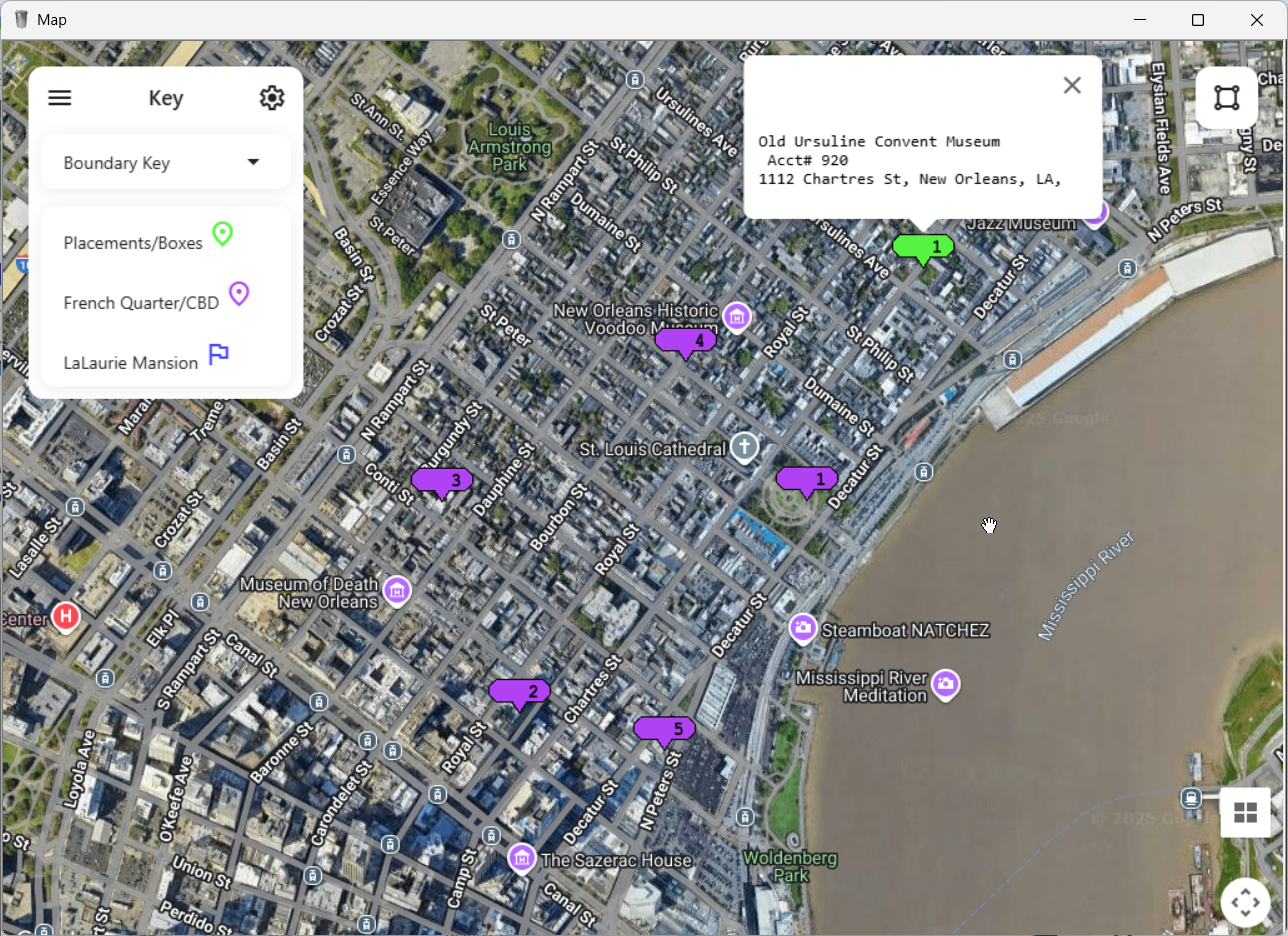 A street map of an American city showing colored pins. They represent a route, one customer, and one container placement