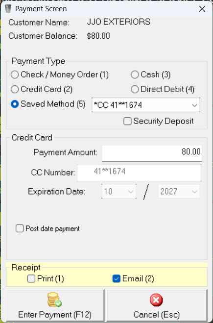 Payment window in customer account