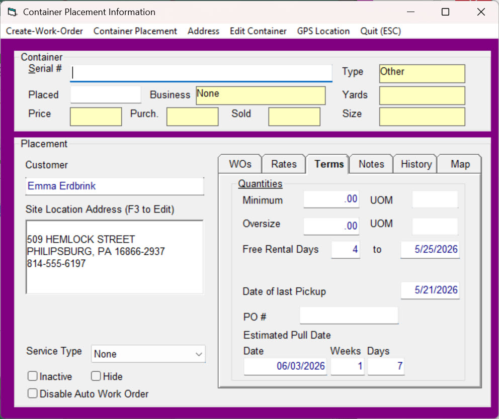 the Terms tab of the container placement window. The date of last pickup is set to 5 21 26. Trash Flow has added 4 free rental days to that date. The customer now gets free rental until 5 25 26